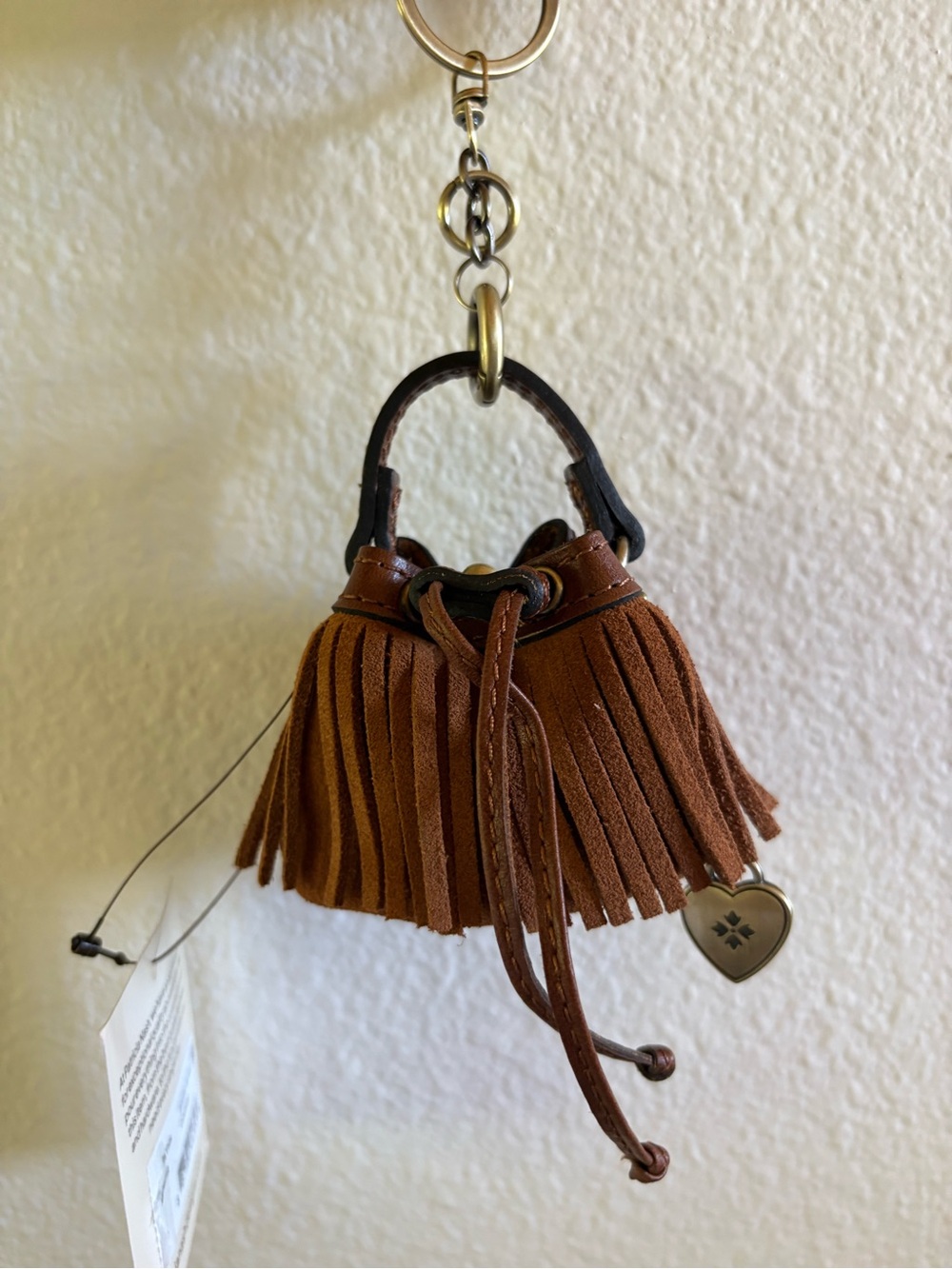 Patricia Nash Brown Suede Fringe Mini Bag Charm with Heart Accent
